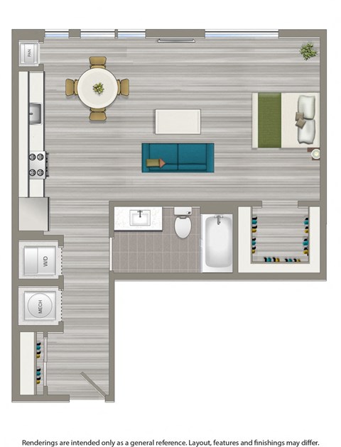 studio apartment floor plan rendering at cityview apartments in washington dc